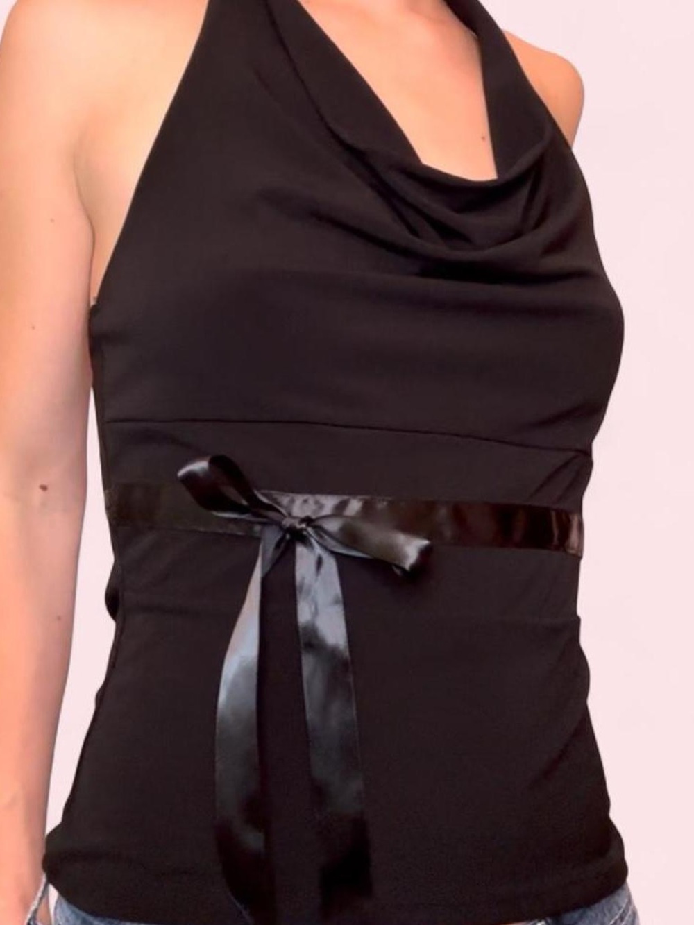 Y2K Black Halter Cowl Neck Top with Satin Bow